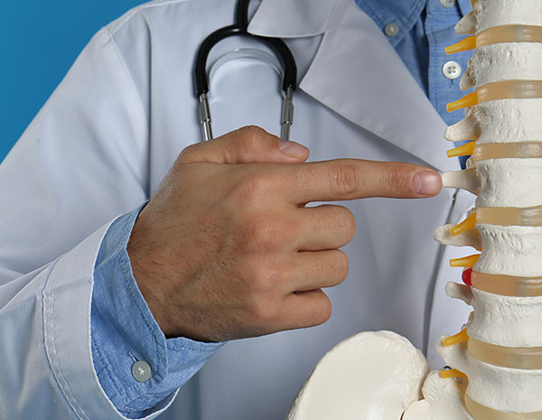 Male orthopedist with human spine model against blue background, closeup