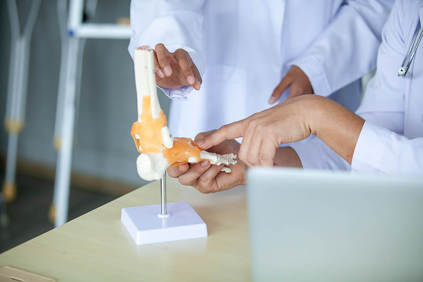 group of doctors study the physiology of the human body with bone model.